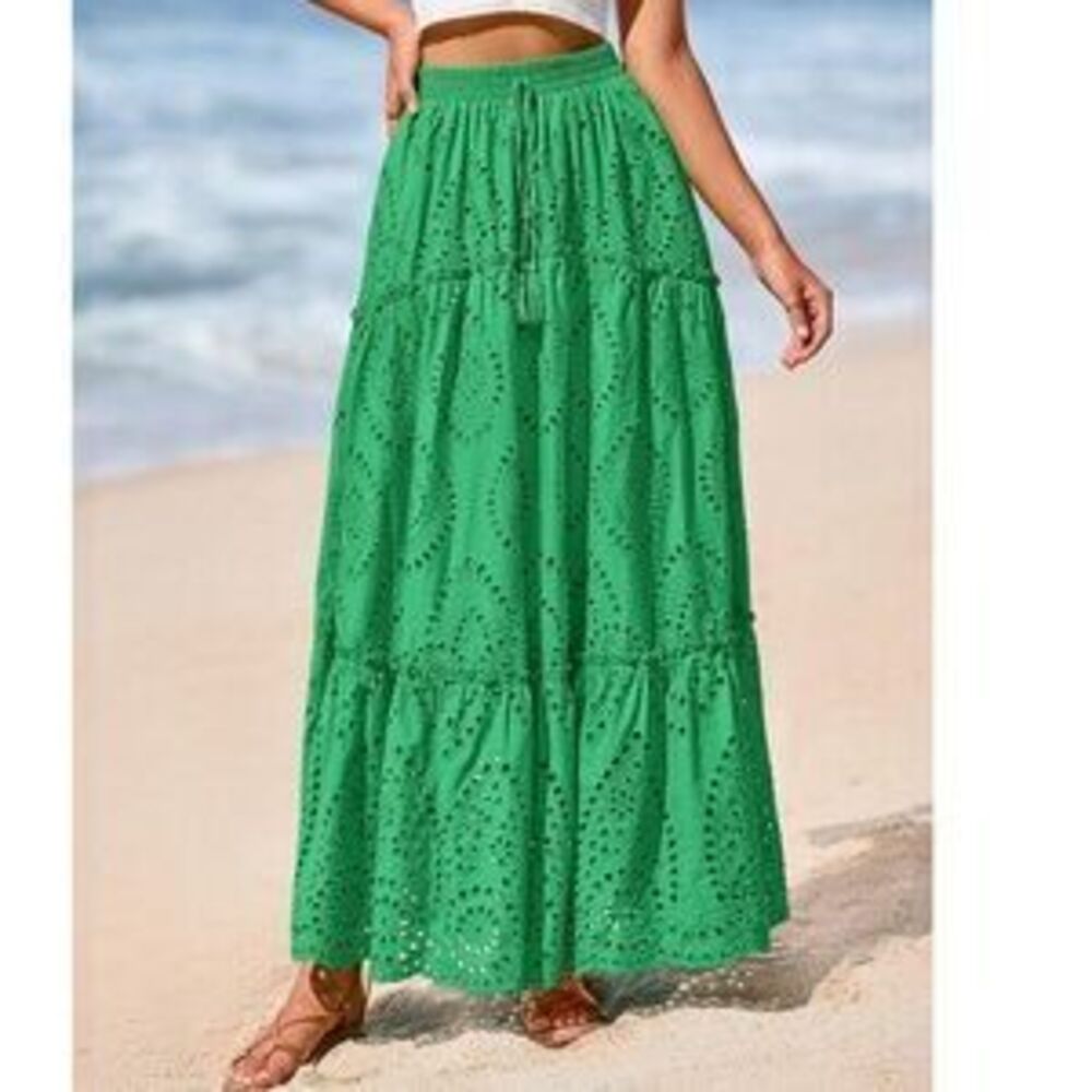 Boho Eyelet Lace stretchy waist Flowy Maxi Skirt - Picture 5 of 5